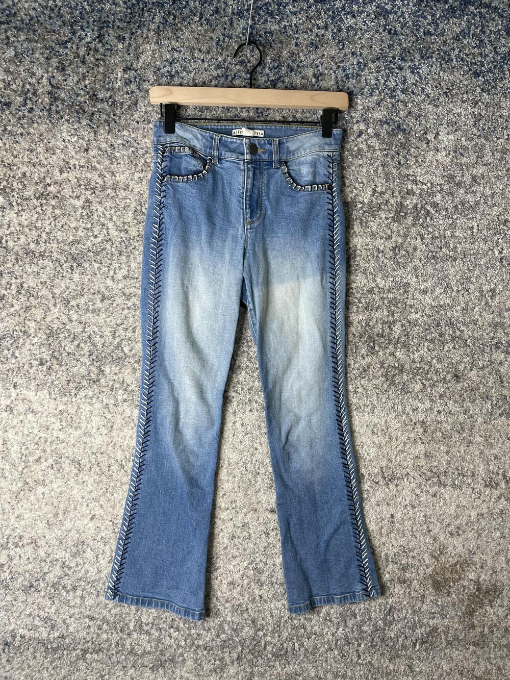 Alice + Olivia Jeans Womens 25 Blue Flare Embroidered Whipstitch Denim Pants